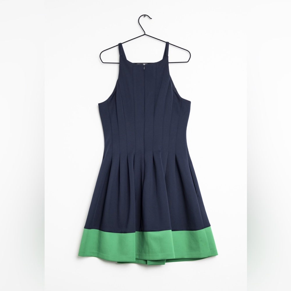 Fit & flare colorblock halter dress in navy blue & green - size 4